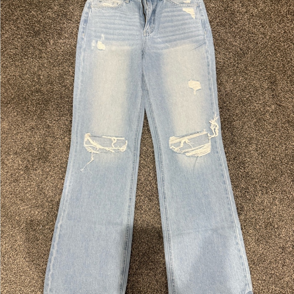 Trendy Light Blue Distressed Flare Jeans
